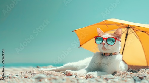 A white cat wearing sunglasses under a yellow umbrella on the beach.
