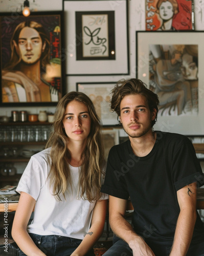 a couple between 20 and 40 years old Inside a trendy urban cafe, surrounded by local artwork and eclectic decor, he is dressed in black and she is dressed in a white cotton t-shirt with no print