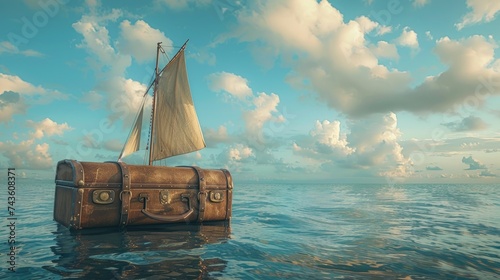 An old suitcase sailing on the sea.
