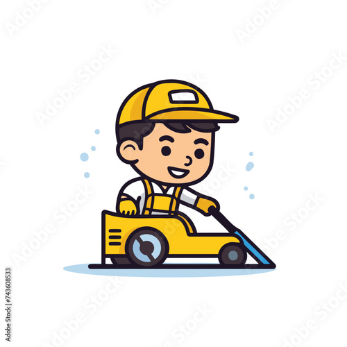 Cute boy driving a toy car. Flat style vector illustration. © Muhammad