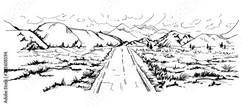 Hand drawn ink vector illustration, mountain landscape scenery Central South America, hills plane farmland, straight road highway. Isolated white background. Design travel, vacation, brochure, print