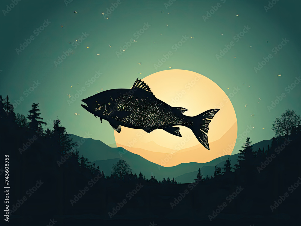 Flying Fish Over Forest Under Full Moon