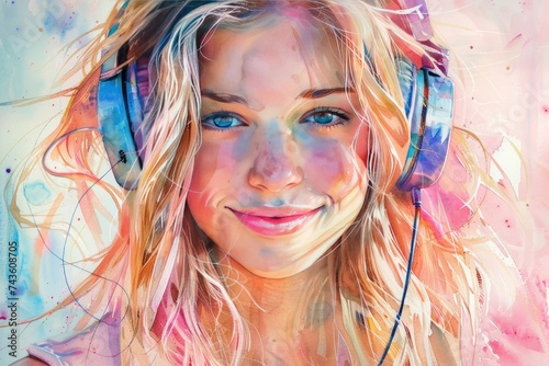 Portrait of a happy girl wearing headphones.