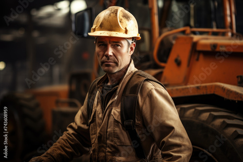 Amid the dim light of a garage, a male figure in a helmet and dirt-laden clothing standing near a tractor, symbolizing the gritty perseverance required in manual labor. Generated AI