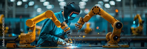 Engineer check and control welding robotics automatic arms machine in factory automotive industrial. blurred digital manufacturing operation. Industry 4.0