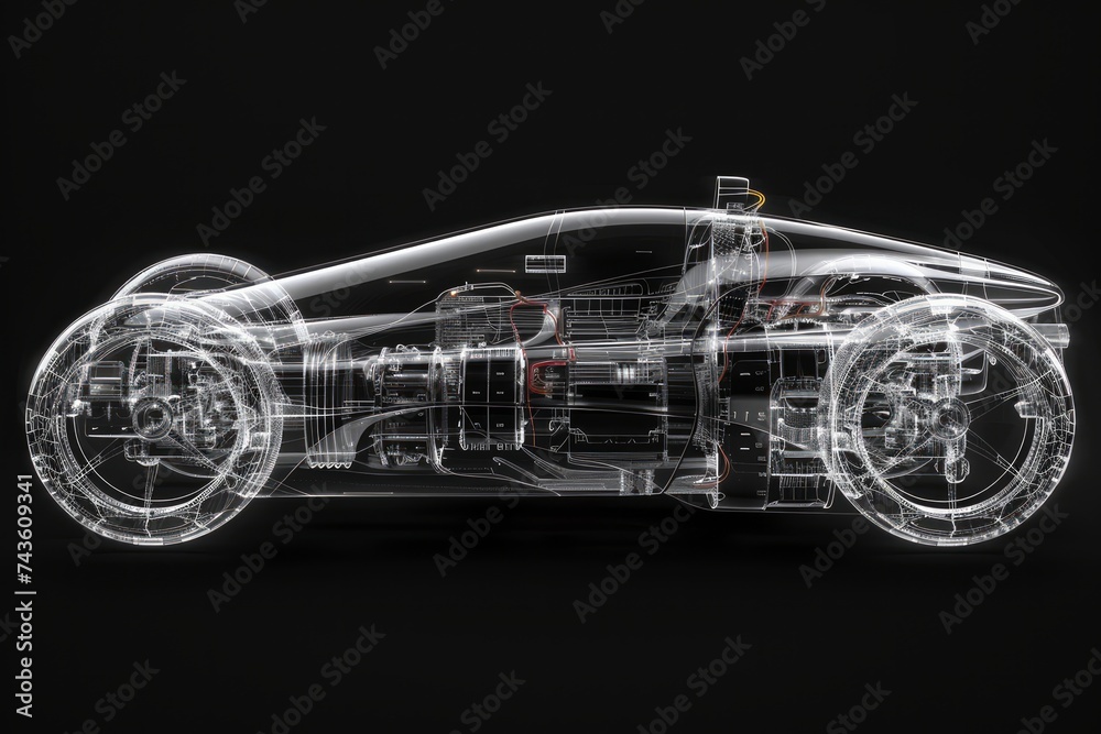 Naklejka premium A transparent car design rendering that showcases the intricate internal mechanics and structure of a modern vehicle, presented in a sleek, futuristic style.