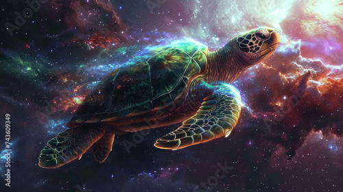 Green Turtle Swimming in Space Among Stars