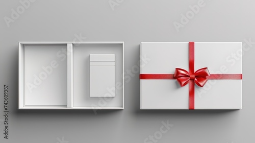Mockup of white magnet box for gift, jewelry, perfume or cosmetic products. Vector realistic template of 3d open and closed blank cardboard package with magnetic lock and red ribbo