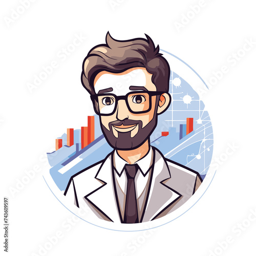 Vector illustration of a doctor in a white coat with a beard and glasses.