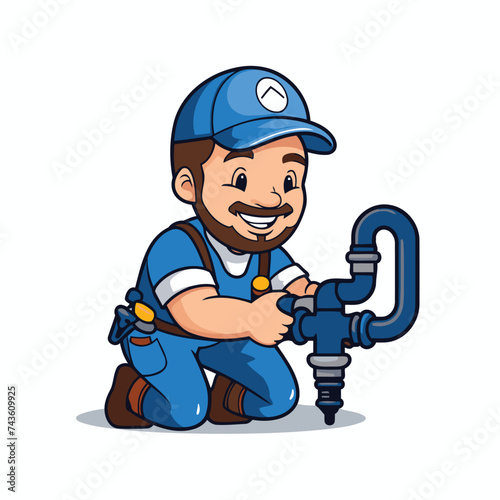 Plumber with drill. Vector cartoon illustration isolated on white background.