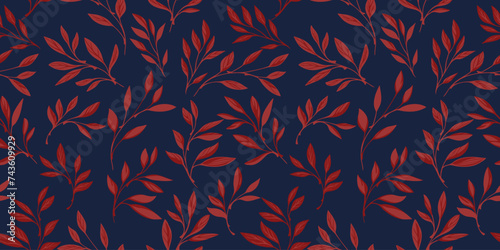 Artistic leaf stems seamless pattern. Abstract, delicately small garden leaves, branches dark blue printing. Vector hand drawn. Template for designs, fashion, fabric