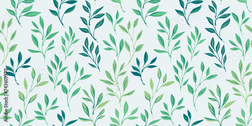 Abstract simple tiny leaf branches seamless pattern. Green leaves on a white background. Vector hand drawn. Template for designs, textile, surface design, fabric