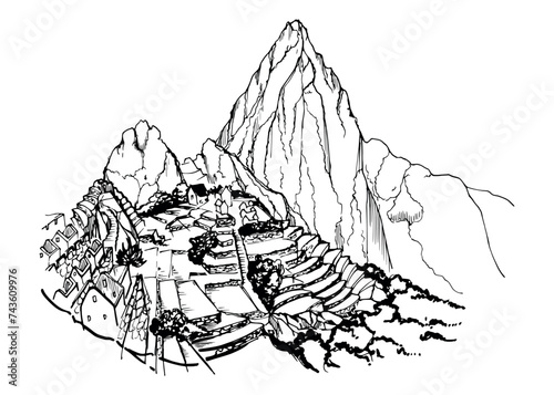 Hand drawn ink vector illustration, mountain landscape scenery Central South America, hills plane, Machu Picchu terraces. Isolated on white background. Design travel, vacation trip, brochure, print