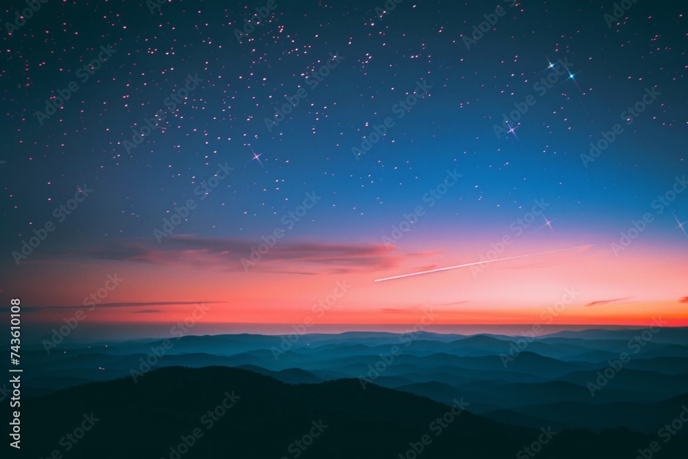 A breathtaking nightscape with a meteor shower streaking across the sky, over a silhouette of a mountainous horizon at twilight.