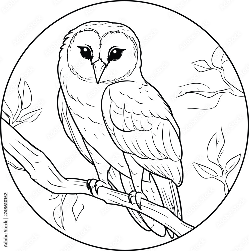 Owl sitting on a branch in the forest. Coloring book for adults.