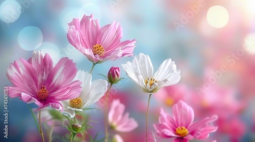 Pink and White cosmos flowers in garden ,beautiful flower © INK ART BACKGROUND