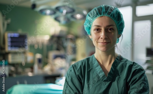 Confident female surgeon in the operating room, her expertise and readiness for the upcoming surgical procedure, representing the dedication of healthcare professionals.