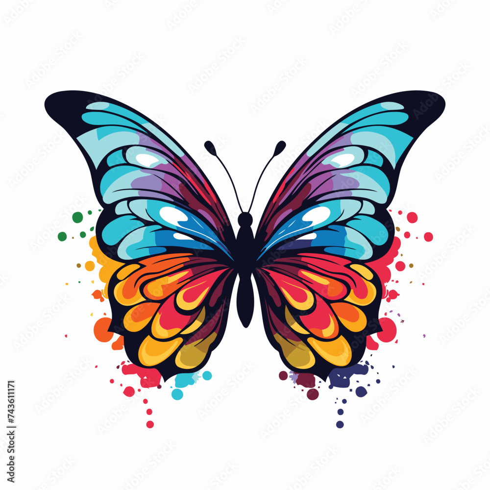 Colorful butterfly with splashes on white background. Vector illustration.