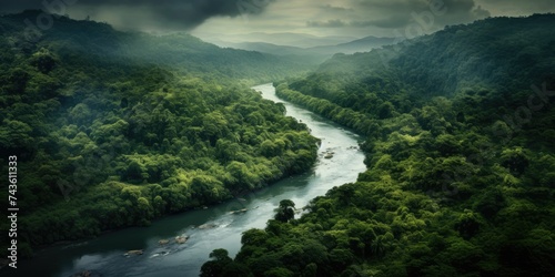 Aerial drone view  the bend of the river with stretches of deep forest