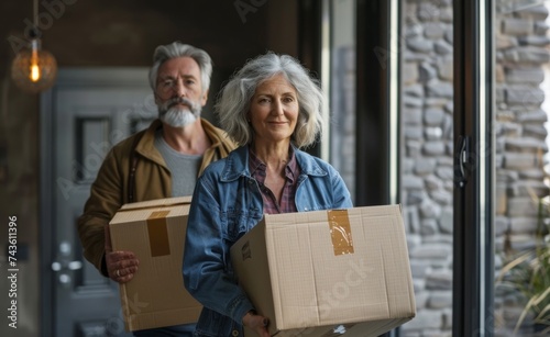 Senior couple carrying moving boxes into their new urban loft, conveying a fresh start. Downsizing, retirement living, and the trend of seniors choosing urban living spaces. © radekcho