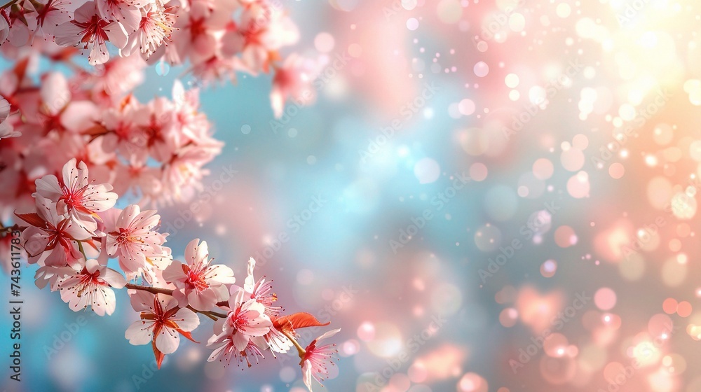 Pink cherry tree blossom flowers blooming in spring, easter time against a natural sunny blurred garden banner background of blue Pink cherry tree blossom flowers blooming in spring, easter time against a natural sunny blurred garden banner background of blue