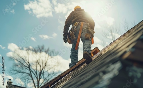 Skilled roofer inspecting shingles for repair or replacement  essential home maintenance. Wearing a safety helmet and gloves.