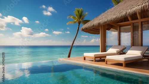 Luxury beach resort, water villa bungalow near endless pool over sea. Summer tropical island, travel vacation concept. Beach chairs with umbrella, luxurious landscape sunny weather, exotic nature view