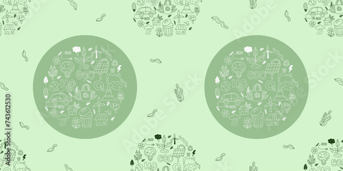 Ecology seamless pattern. Ecological lifestyle icons on green background. Vector illustration in hand drawn linear doodle style.