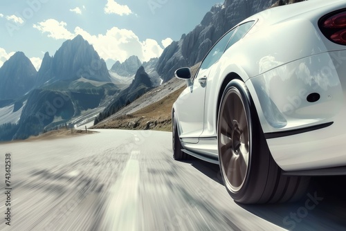 A white luxury car racing along an unspoilt mountain road illustrates elegance and performance. © Vasili