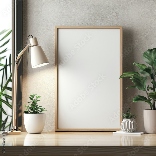 Picture Frame on Table Next to Potted Plants