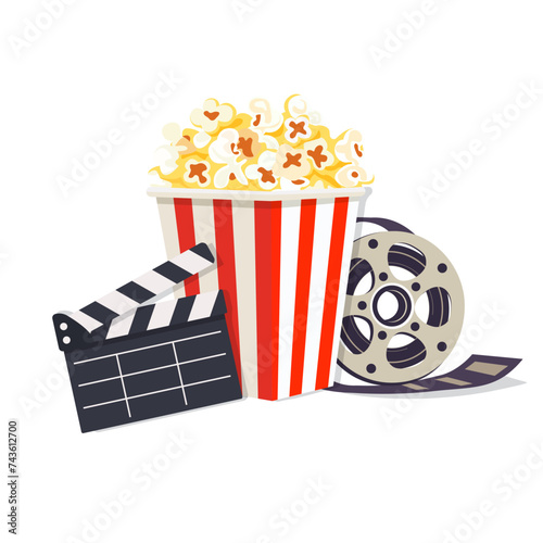 Popcorn, movie tape and clapper on isolated white background. Elements on the theme of the movie theater. Vector illustration.