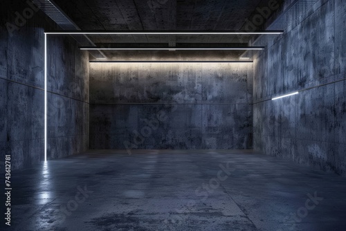 A minimalistic and spacious industrial interior with concrete walls and floor  subtly lit by strip lighting at the ceiling edge.