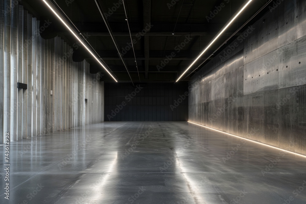 A minimalistic and spacious industrial interior with concrete walls and floor, subtly lit by strip lighting at the ceiling edge.