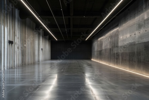 A minimalistic and spacious industrial interior with concrete walls and floor  subtly lit by strip lighting at the ceiling edge.