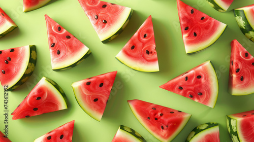 "Realistic watermelon cone pieces in a seamless pattern on a colored background."