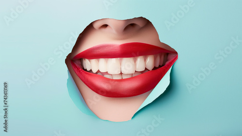 Red lips smile cut from paper with a white outline, set against a pastel-colored background.