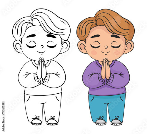 Cute praying boy. Isolated color and linear hand drawing. Religious believer male child character. Kids collection.