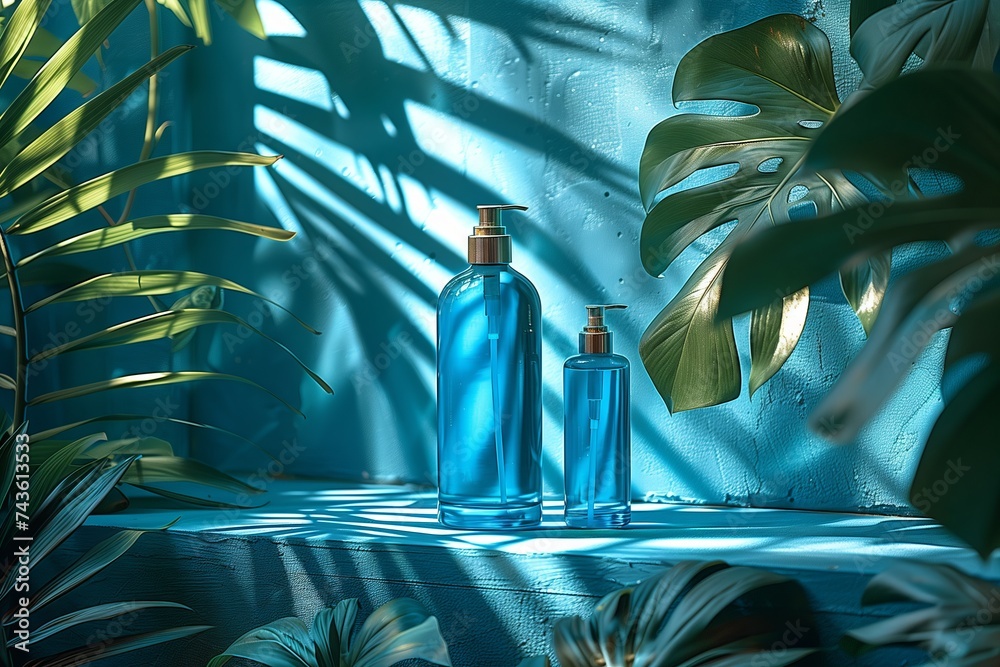 Two electric blue bottles of perfume are displayed on a table surrounded by lush tropical leaves, creating a beautiful contrast between water and terrestrial plants in a dark, artistic setting - obrazy, fototapety, plakaty 