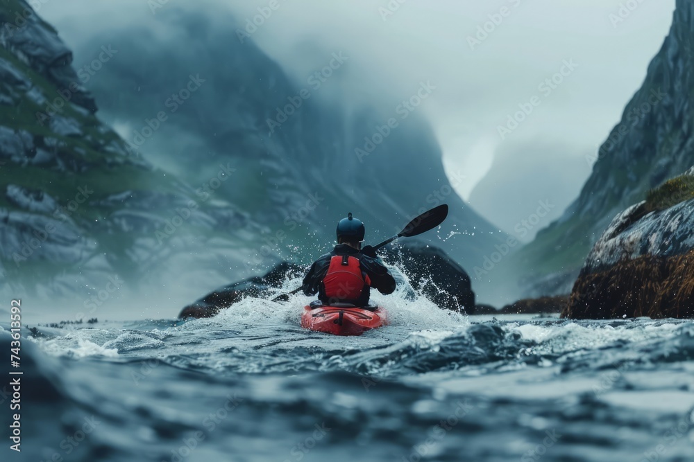 A kayaker navigating rough waters between mountainous terrain.