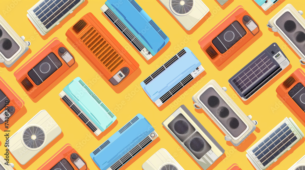 Set of air conditioners in a seamless pattern on a colored background. Set of air conditioners in a seamless pattern on a colored background.