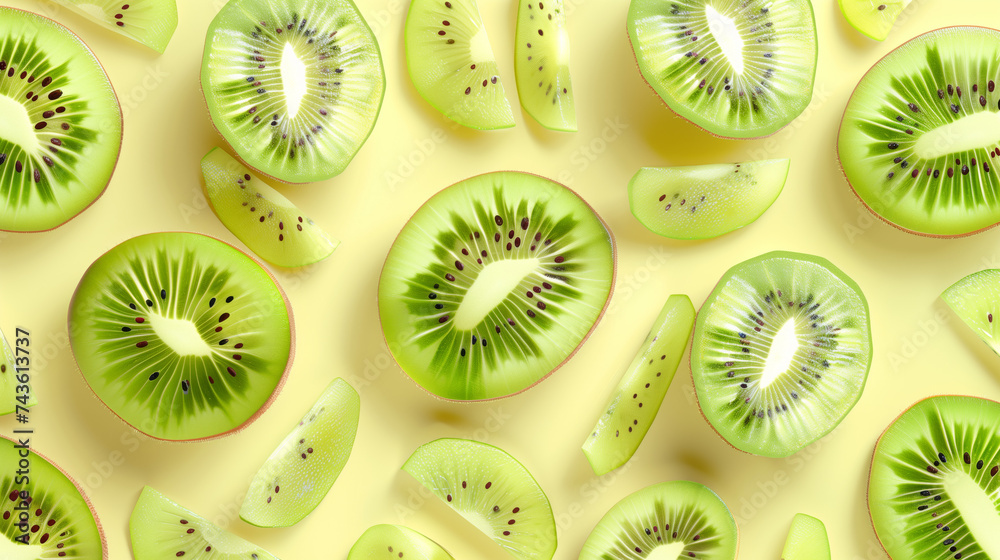 Fototapeta premium Set of realistic kiwi fruit slices in a seamless pattern on a colored background.