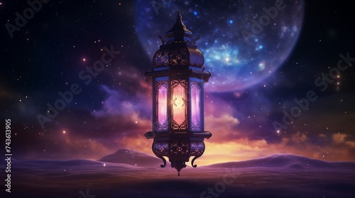 A celestial Islamic Ramadan celebration lantern floating in the vast expanse of space