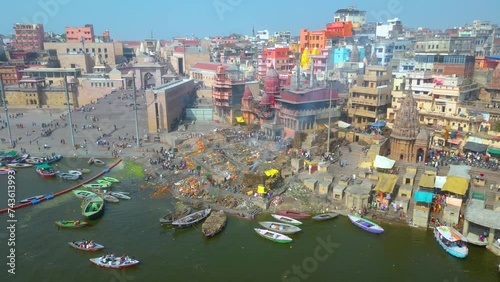 AERIAL view of Dashashwamedh Ghat, Kashi Vishwanath Temple and Manikarnika Ghat Manikarnika Mahashamshan Ghat Varanasi India photo