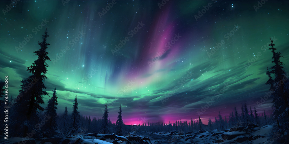 Aurora Borealis green and pink wide panorama above the tree tops 