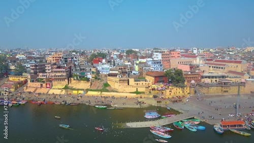 AERIAL view of Dashashwamedh Ghat, Kashi Vishwanath Temple and Manikarnika Ghat Manikarnika Mahashamshan Ghat Varanasi India photo