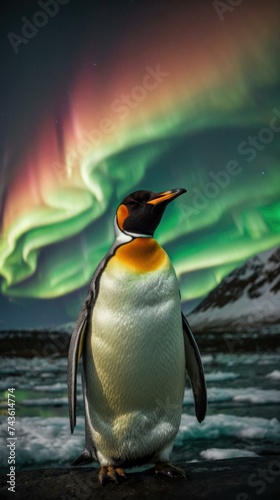 A penguin stands in front of an aurora borealis. Generative AI.