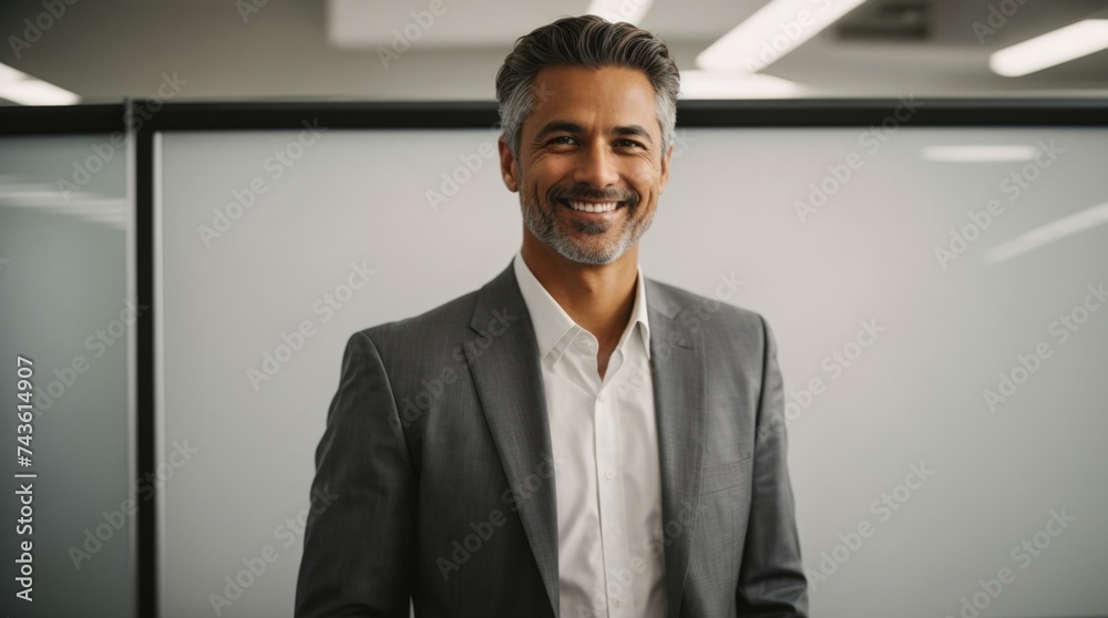 Portrait of a successful businessman smiling in an office. Generative AI. Portrait of a successful businessman smiling in an office. Generative AI.