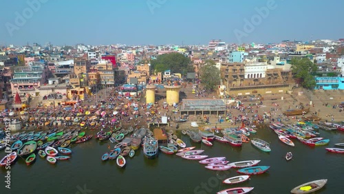 AERIAL view of Dashashwamedh Ghat, Kashi Vishwanath Temple and Manikarnika Ghat Manikarnika Mahashamshan Ghat Varanasi India photo