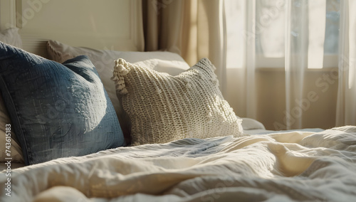 white bedroom with bed and pillows