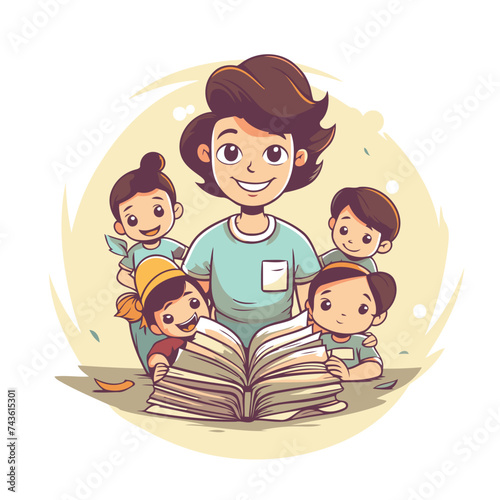 Vector illustration of a happy mother reading a book with her children.